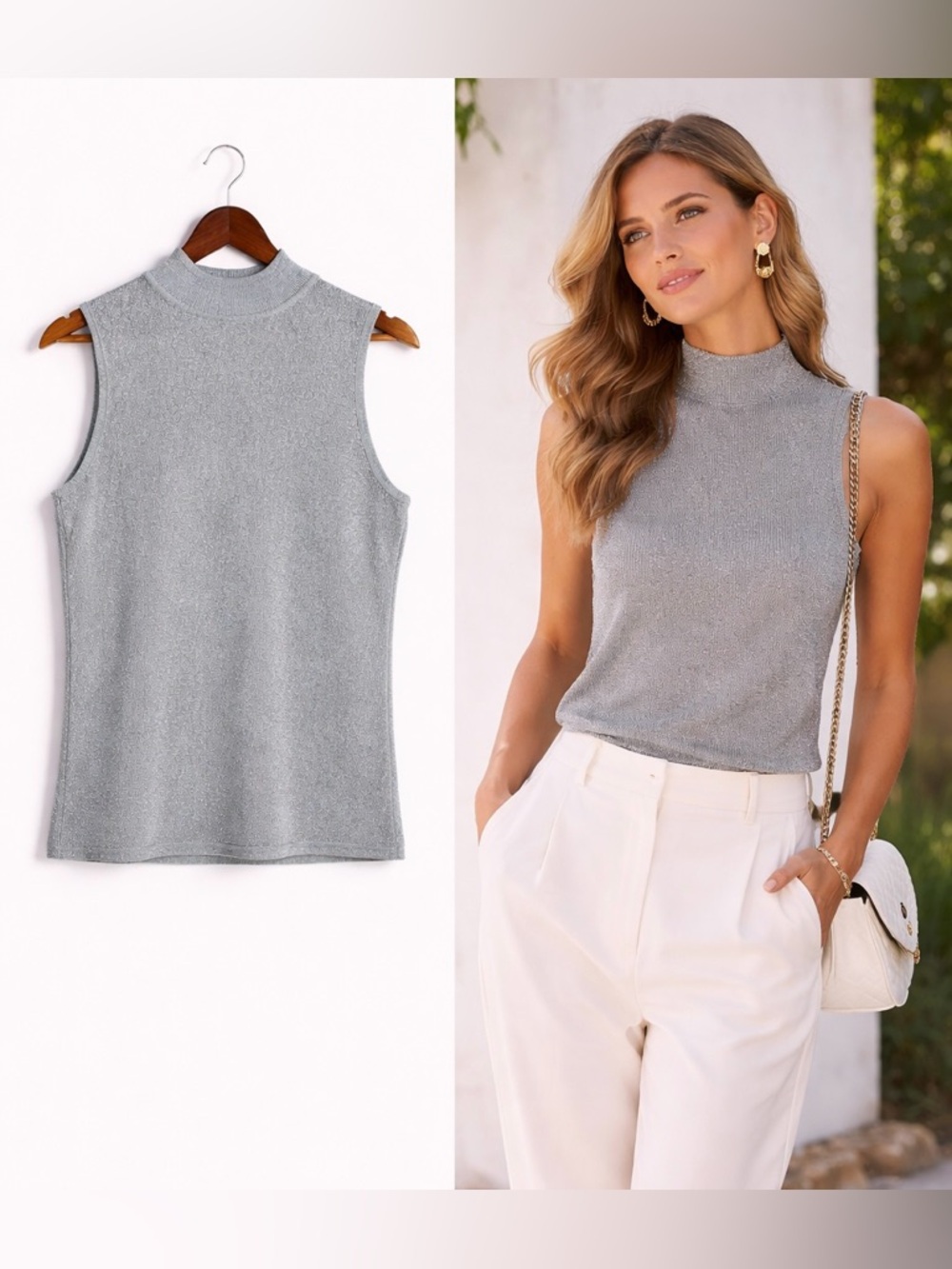 Versailles Metallic Silver Sparkle Mock Neck Sleeveless Top M Silk Lurex Luxe